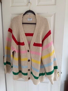 Old Navy Cream Cardigan with Red, Pink, Yellow, Blue & Green Stripes